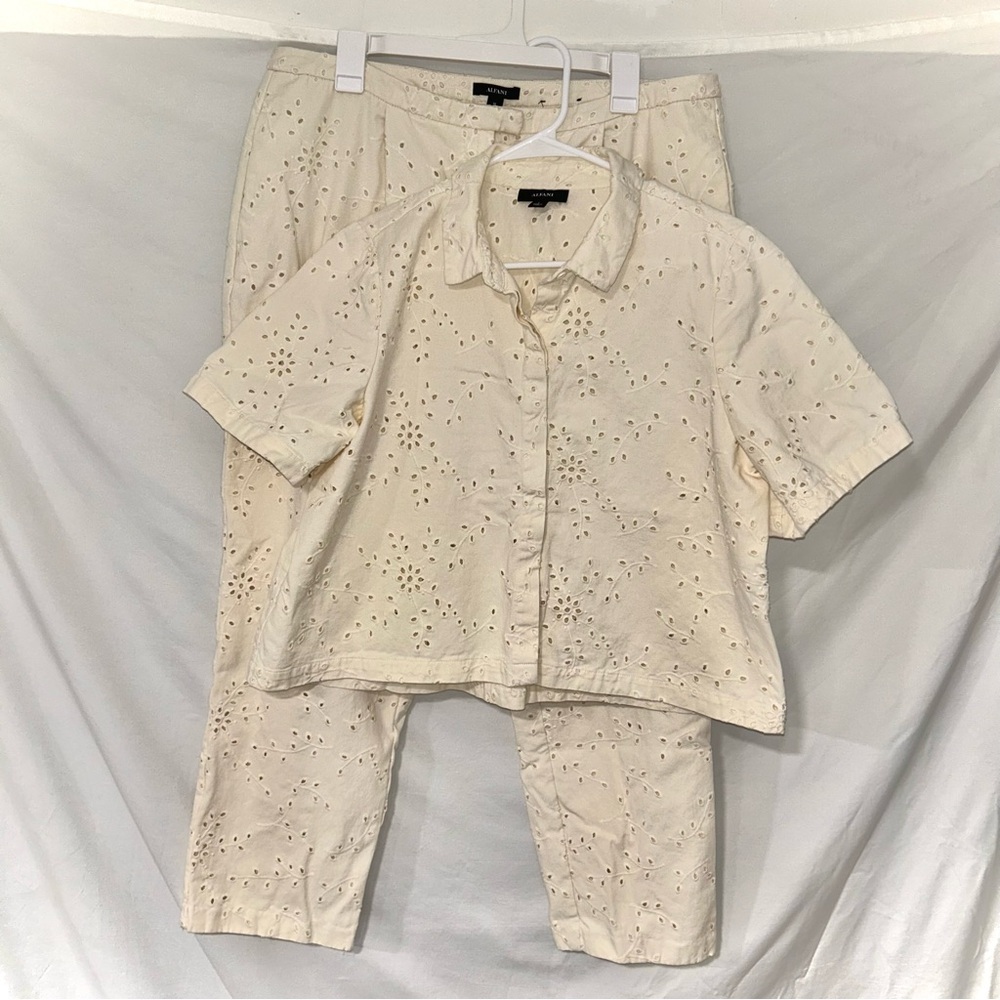 Alfani Cream Eyelet Lace Embroidered Cotton Shirt Pants Matching Set